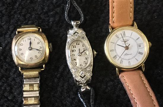 Longines Quartz Presence 9ct gold-cased ladiess wristwatch, leather strap, cased & another 9ct-cased watch (faults)